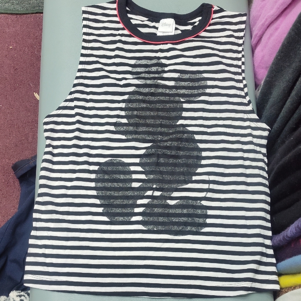 Disney Striped Black and White Sleeveless T-shirt With Mickey On Front NWOT